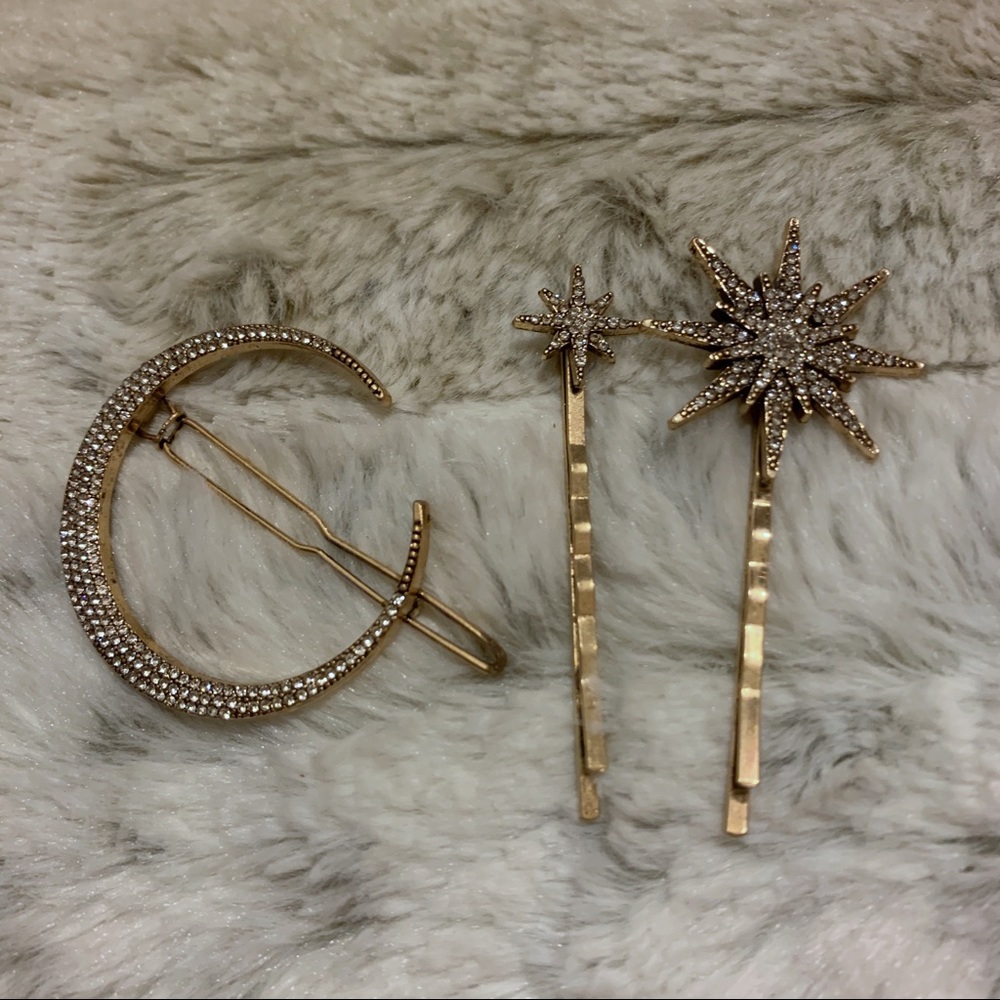 Moon and Star Crystal Rhinestone Gold Hair Pins - Picture 2 of 7